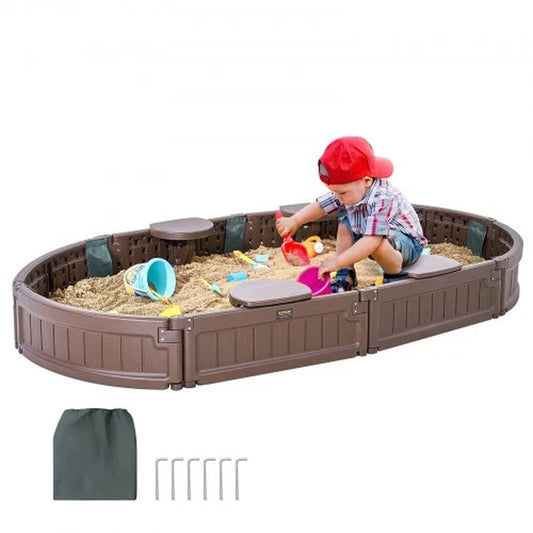 Sandbox with Cover, 72 X 41.5 X 9.1 in Oval Sand Box, HDPE Sand Pit with 4 Corner Seating and Bottom Liner, Kids Sandbox for Outdoor Backyard, Beach, Park, Gift for Boys Girls Ages 3-12, Brown