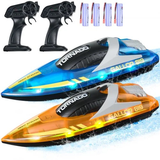 RC Boat, 2 Pack 2.4Ghz 12 Km/H, Remote Control Boat for Pools & Lakes, Racing Boat with LED Light, 4 Rechargeable Batteries, Whole Body Waterproof, Gift for Adults Boys & Girls, Blue & Orange